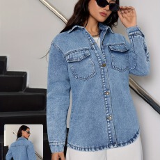 批发新款女士百搭宽松显瘦口袋宽松上衣外套加棉长袖牛仔衬衫女