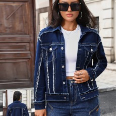 批发新款优雅宽松百搭休闲翻领短款夹克毛边长袖水洗牛仔外套女