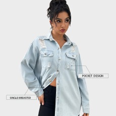 批发新款女士优雅休闲百搭宽松显瘦印花长袖破洞水洗牛仔衬衫女