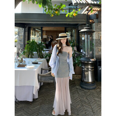 批发实拍实价 温柔风宽松蕾丝拼接衬衫+性感露肩显瘦抹胸连衣裙两件套