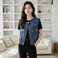 批发港风时尚高级感新款薄款女个性潮流牛仔刺绣女士圆领马夹外套上衣