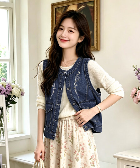 국풍 새로운 중식 가을 새로운 라운드 넥 데님 트렌드 워크웨어 자수 빅 포켓 다용도 개선 베스트 맨위