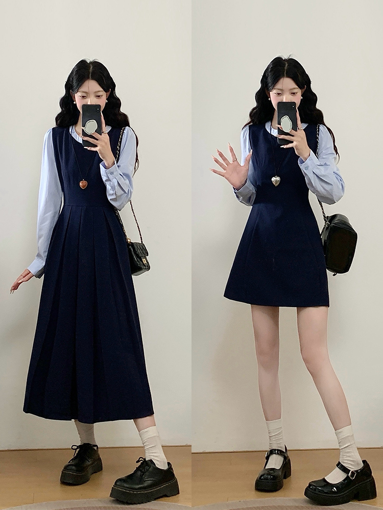 실사 빅 사이즈 여성 의류 지방 mm 가을 새로운 레트로 패치워크 긴팔 페이크 레이어드 여성 드레스 치마