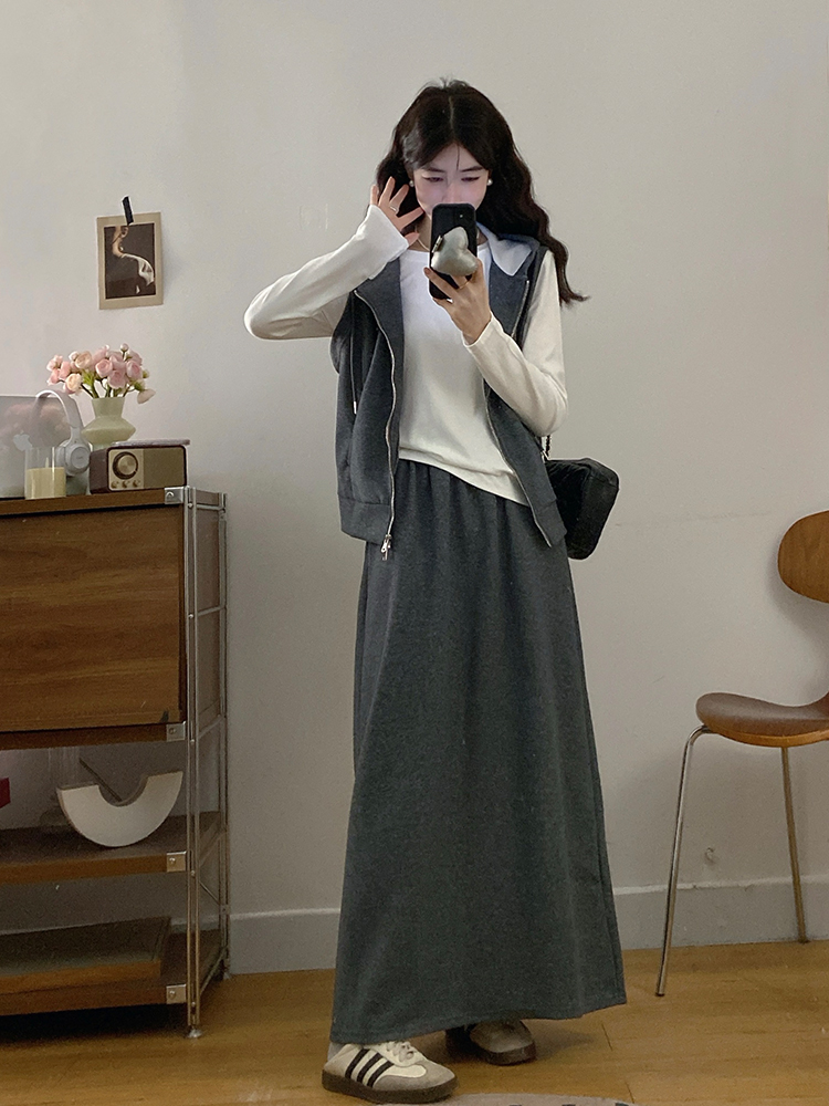 실사 빅 사이즈 2026 년 봄 새로운 화이트 티셔츠 베스트 재킷 허리밴드 반신 스커트