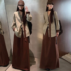 批发现现 港风复古格子套装宽松显瘦百搭衬衫+围巾+半身裙<b class='q'>孕妇</b><b class='q'>三件套</b>