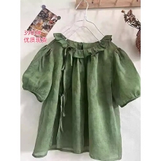 批发买手店<b class='q'>品牌</b><b class='q'>折扣</b>夏季新款韩版文艺风绿色系带荷叶领短袖衬衫上衣女
