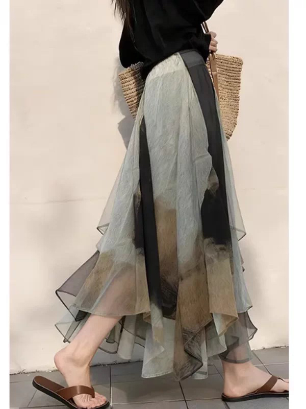 배 모양 버클리 치마 아이들 이른 봄 새로운 품격 레트로 불규칙 밑단 패치워크 프린트 헤일로 염색 반신 스커트