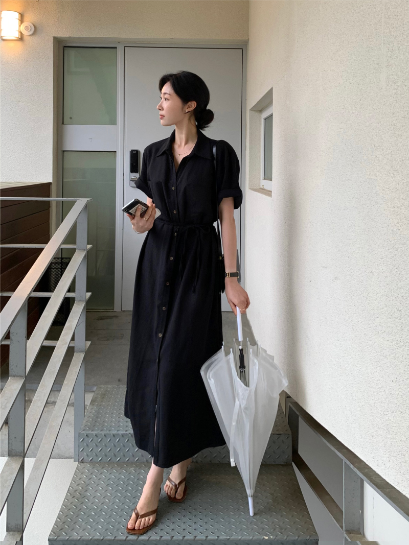 있음 선적 chic 한국 스타일 미니멀리즘 싱글 줄 버튼 셔츠 드레스
