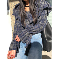 批发chic  韩版木耳边 早<b class='q'>春</b>格子衬衫