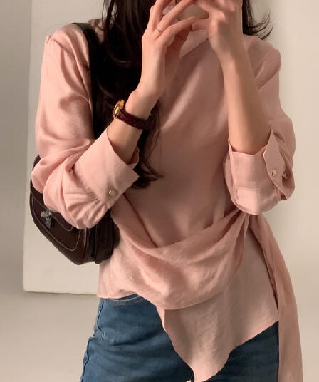 있음 선적 chic 한국 스타일 불규칙 레이스업 이른 봄 셔츠