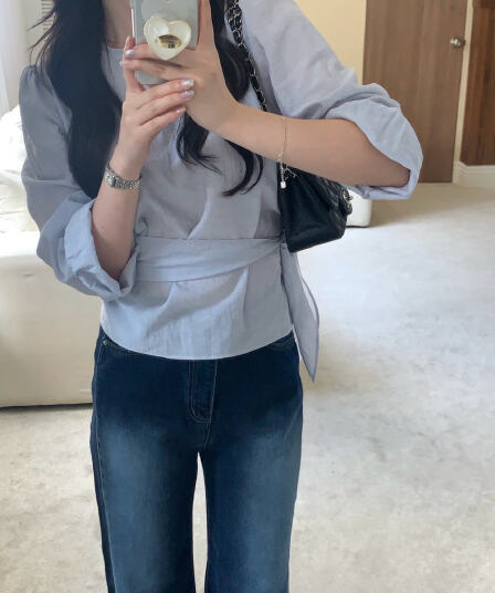 있음 선적 chic 2026 가을 레이스업 허리 수축 라운드 넥 풀오버 셔츠