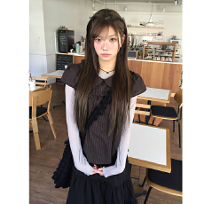 批发chic 日系叠穿复古娃娃领格子短袖上衣