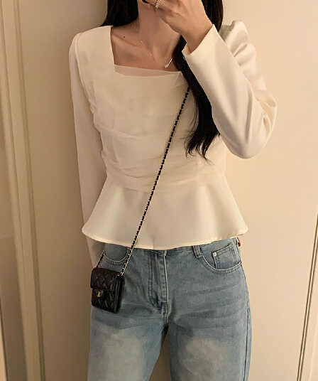 있음 선적 chic 한국 스타일 패치워크 망사 프릴 광장 칼라 셔츠