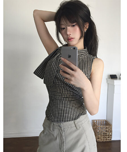 chic 한국 스타일 불규칙 레이스업 체크무늬 조끼