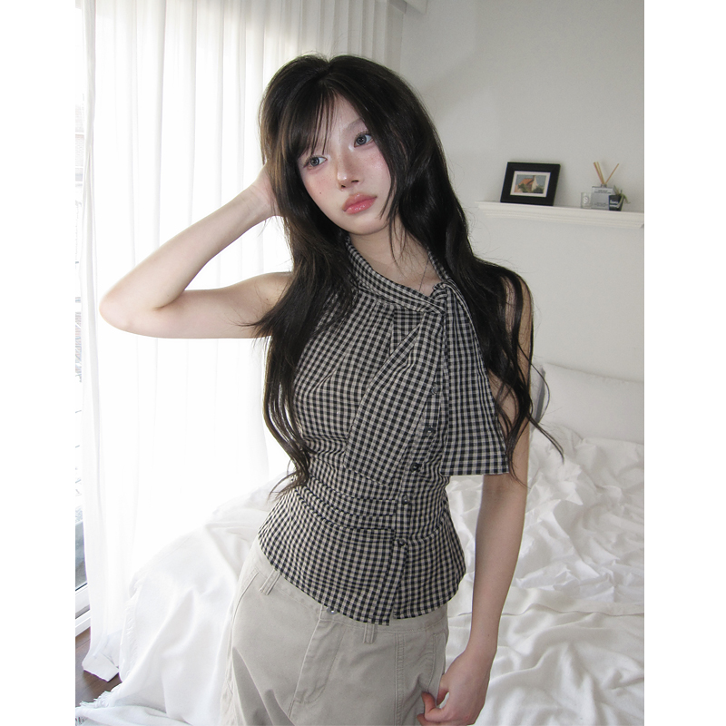 있음 선적 chic 한국 스타일 불규칙 레이스업 체크무늬 조끼