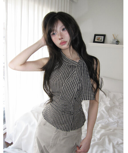 있음 선적 chic 한국 스타일 불규칙 레이스업 체크무늬 조끼