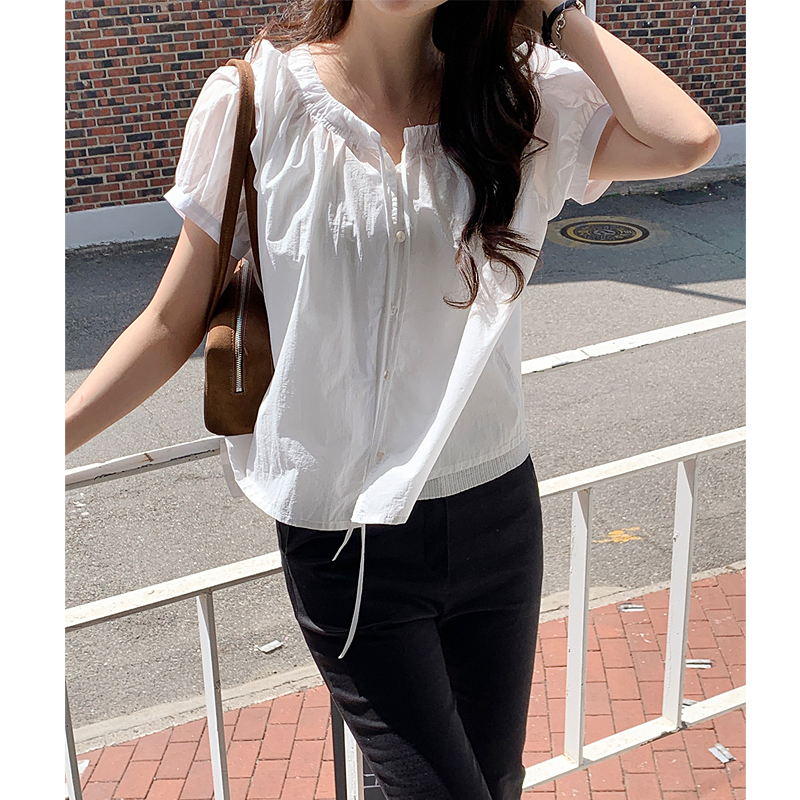 chic 한국 스타일 라운드 넥 싱글 줄 버튼 통기성 반팔 셔츠