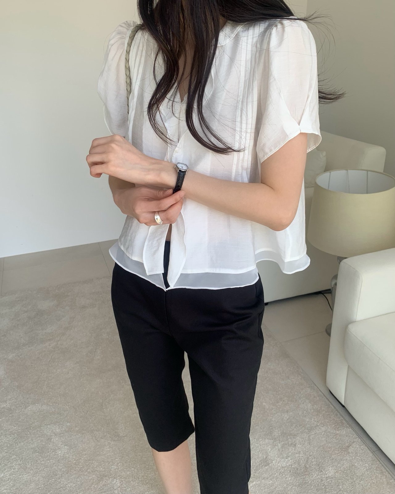 chic 한국 스타일 프릴 반팔 싱글 줄 버튼 페이크 레이어드 셔츠
