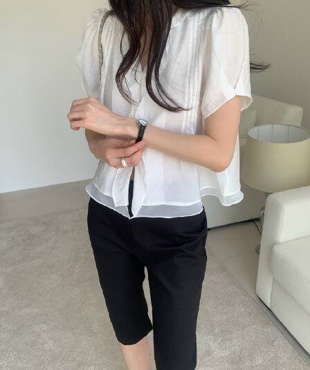 있음 선적 chic 한국 스타일 프릴 반팔 싱글 줄 버튼 페이크 레이어드 셔츠