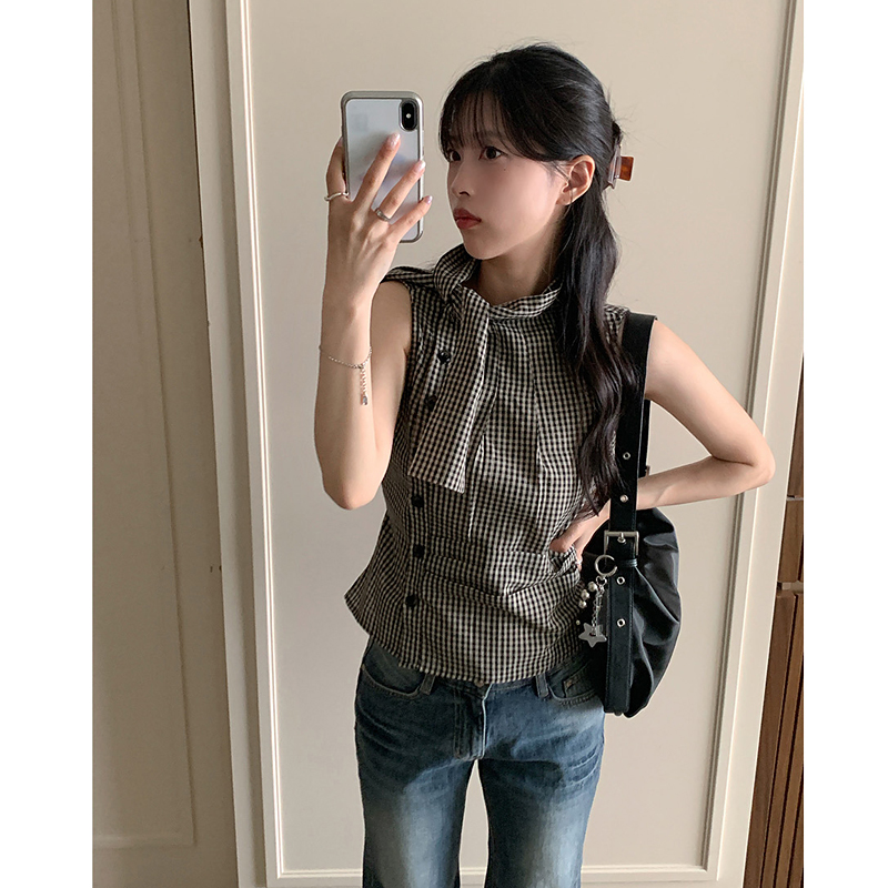 있음 선적 chic 한국 스타일 체크무늬 레이스업 민소매 조끼