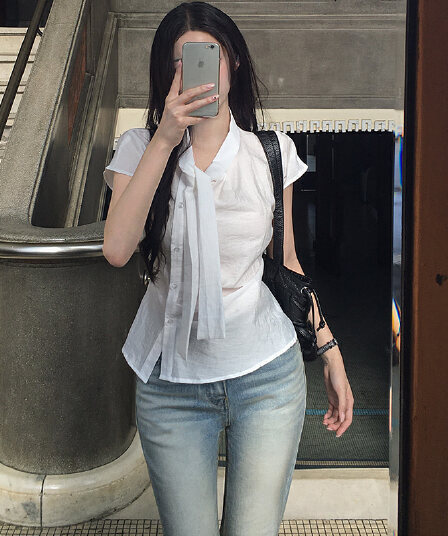 있음 선적 chic 한국 스타일 불규칙 반팔 셔츠