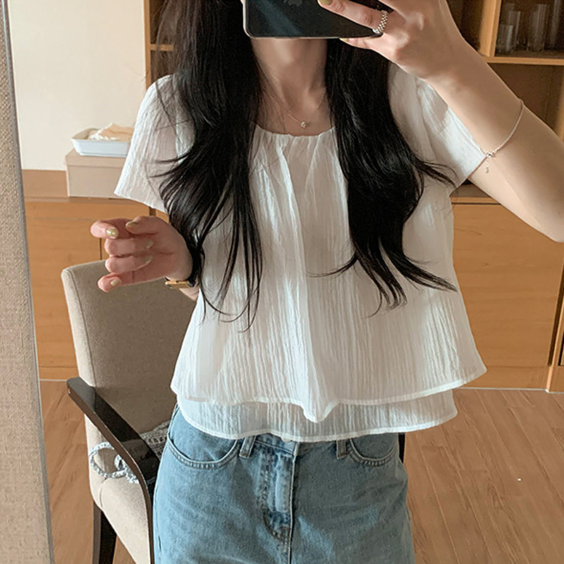 있음 선적 chic 한국 스타일 라운드 넥 페이크 레이어드 셔츠