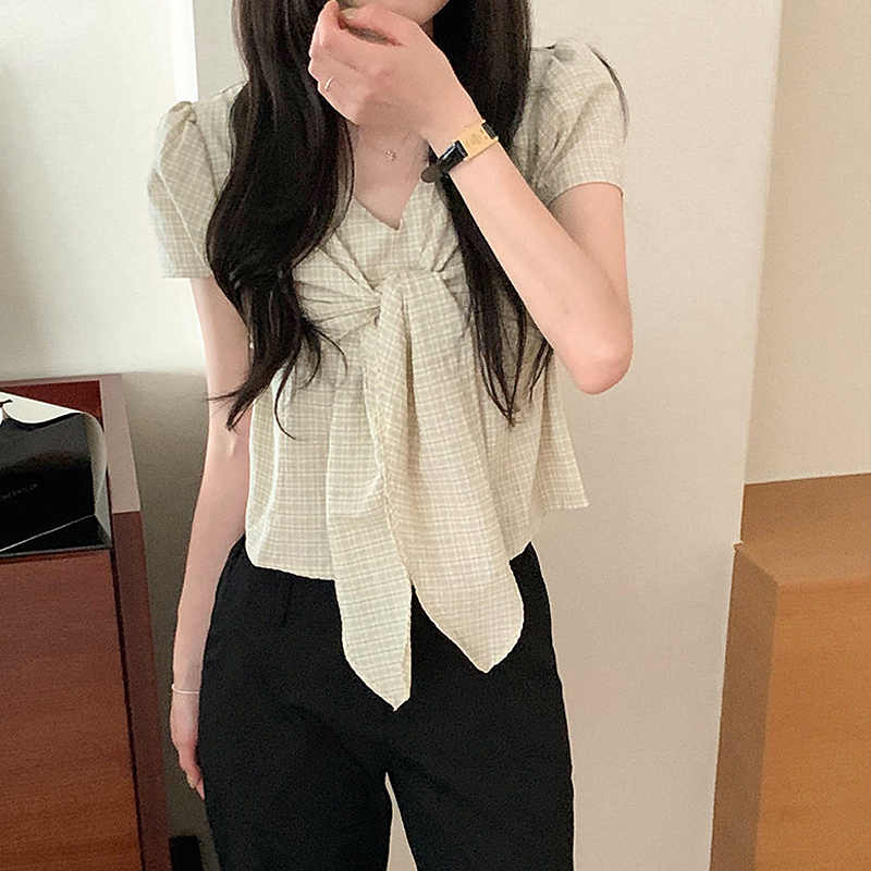 chic 한국 스타일 체크무늬 레이스 업 셔츠