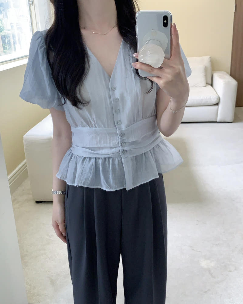 chic 한국 스타일 품격 거품 소매 허리 수축 셔츠