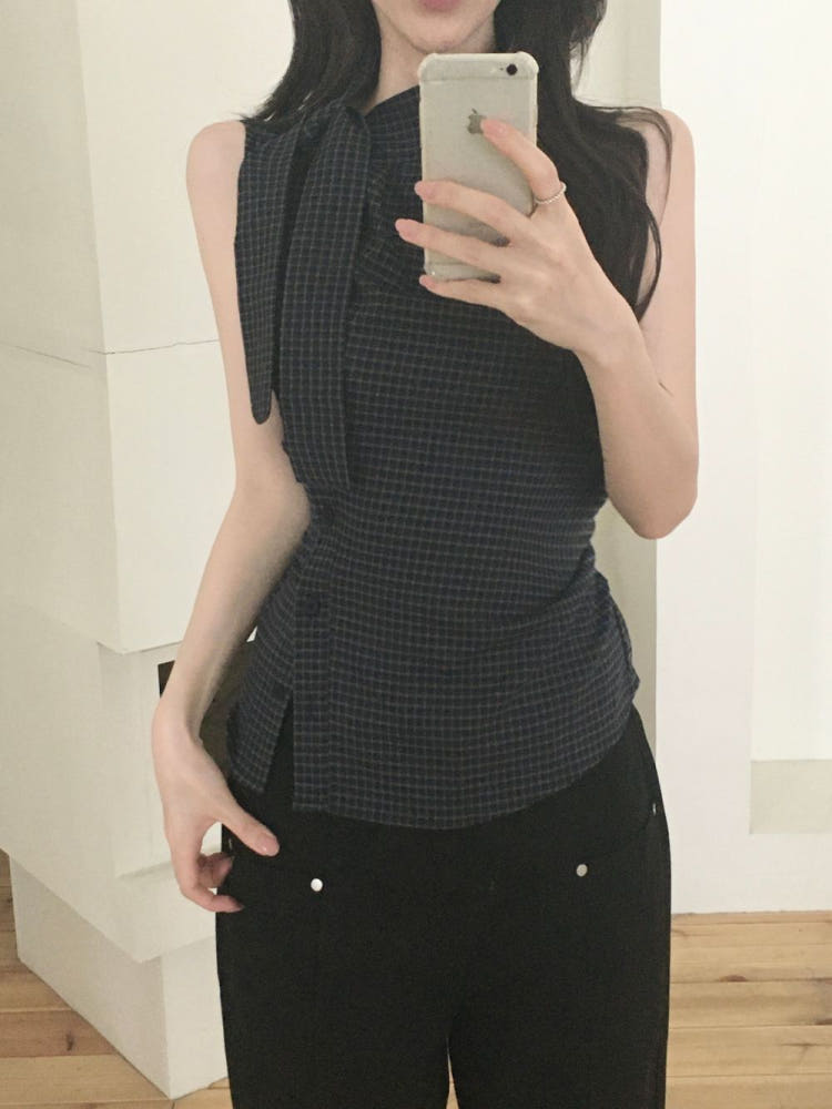 chic 한국 스타일 체크무늬 스트랩 민소매 셔츠