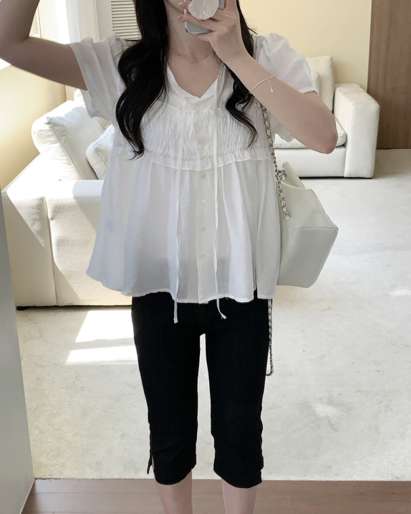 chic 한국 스타일 프릴 싱글 줄 버튼 반팔 셔츠