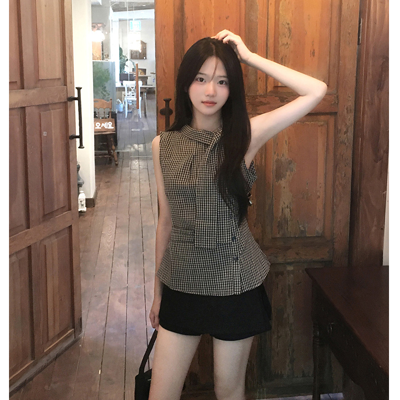 있음 선적 chic 한국 스타일 체크무늬 레이스업 민소매 조끼