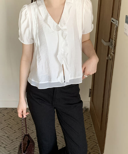 있음 선적 chic 한국 스타일 작은 대중 명중 Pleat 페이크 레이어드 캐주얼 품격 프릴 셔츠