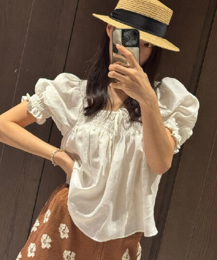 chic 한국 스타일 작은 대중 품격 거품 소매 나비 넥타이 셔츠