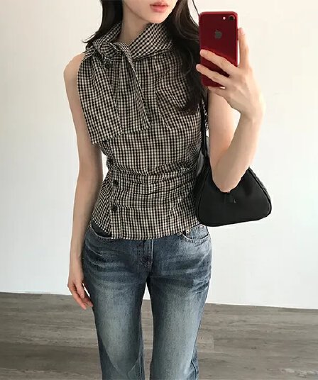 있음 선적 chic 한국 스타일 체크무늬 레이스업 민소매 조끼