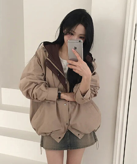 chic 한국 스타일 가을 후드 배색 루즈핏 캐주얼 재킷