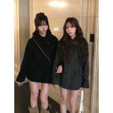 批发chic 韩版 毛呢双排扣连帽外套