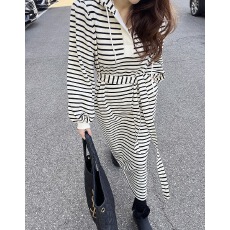 批发韩式<b class='q'>休闲</b>条纹连帽长款加厚卫衣<b class='q'>连衣裙</b>