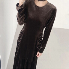 批发韩式复古简约<b class='q'>丝绒</b>百搭长款<b class='q'>连衣裙</b>