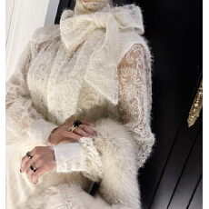 批发法式优雅<b class='q'>镂空</b>高领系带上衣衫