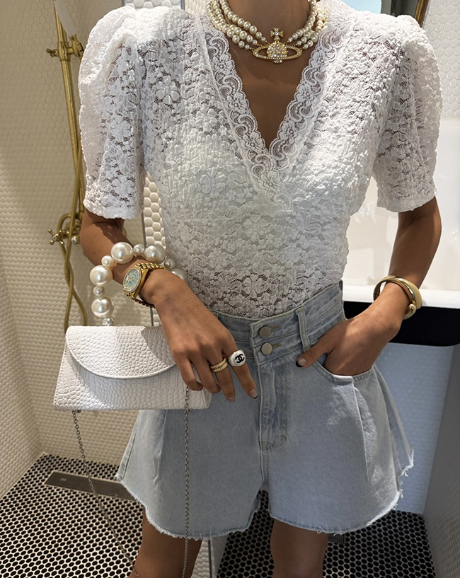 한 스타일 레이스 자수 다용도 반팔 맨위 셔츠