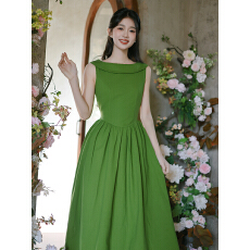 批发赎罪绿 法式复古赫本风<b class='q'>无袖</b>气质收腰棉麻连衣<b class='q'>裙</b>女夏