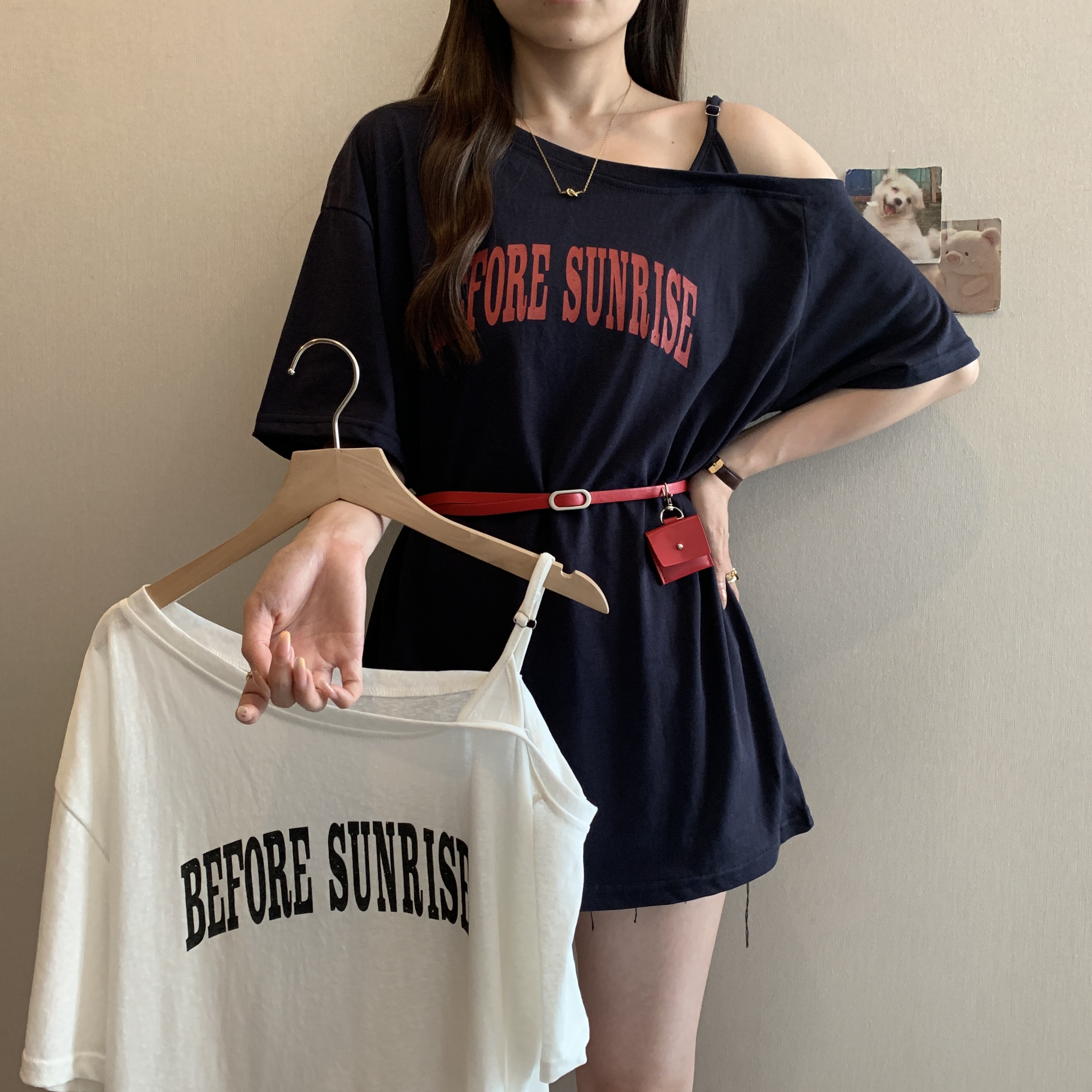 FA36984# 大码胖MM美式复古辣妹斜肩白色短袖宽松字母印花露肩显瘦T恤 服裝批發女裝批發服飾貨源