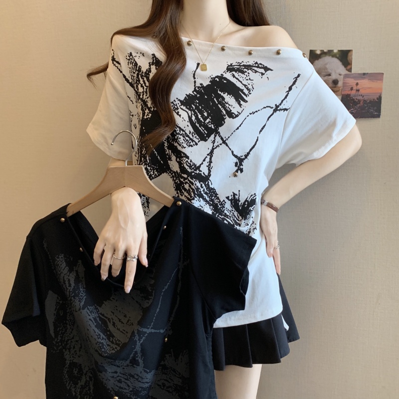 FA36981# 大码微胖妹妹印花露肩短袖斜肩抽绳T恤女夏季短袖 服裝批發女裝批發服飾貨源