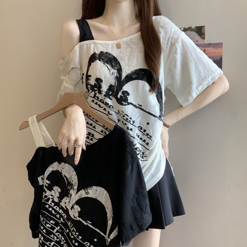 FA36979# 大码微胖妹妹辣妹蝴蝶印花斜肩短袖T恤女夏季宽松上衣 服裝批發女裝批發服飾貨源