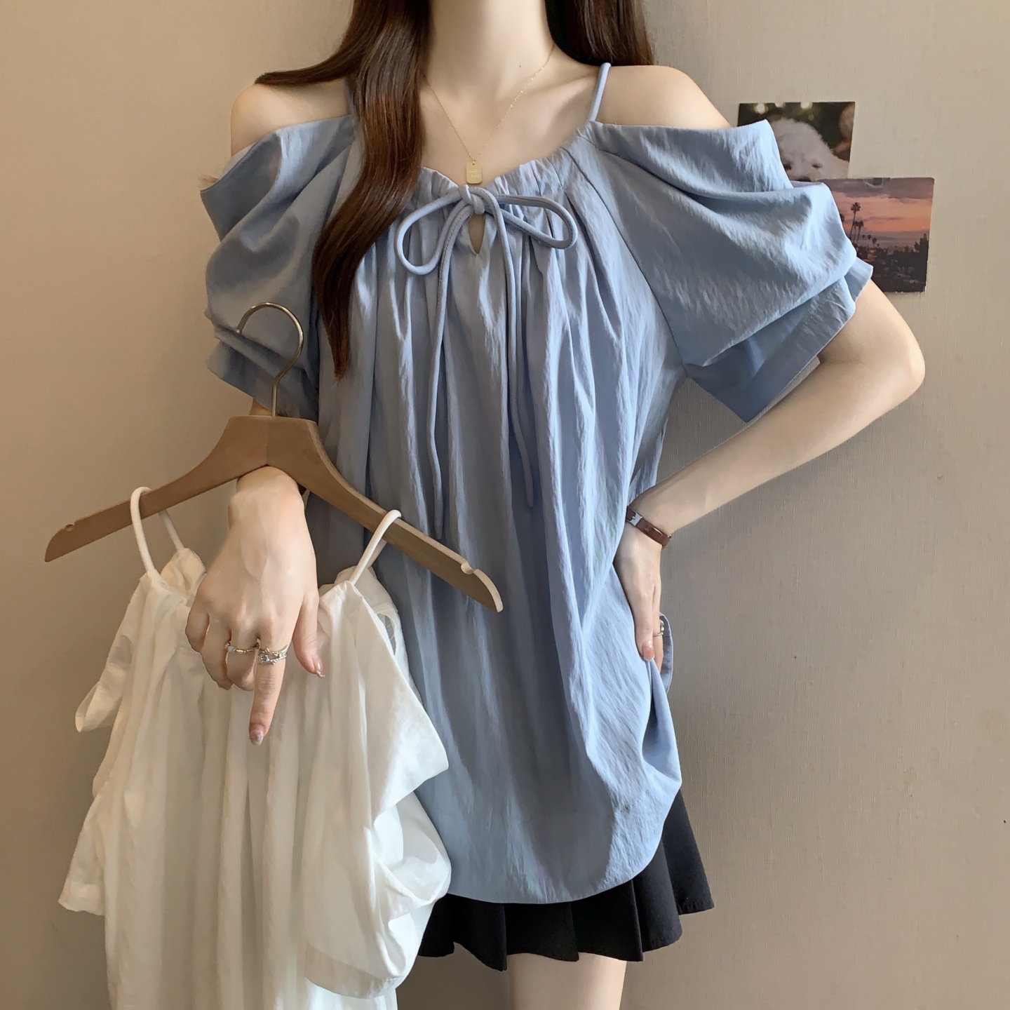 RY3879# 大码微胖妹妹时尚气质抽绳吊带一字肩短袖衬衫女夏季减龄百搭上衣