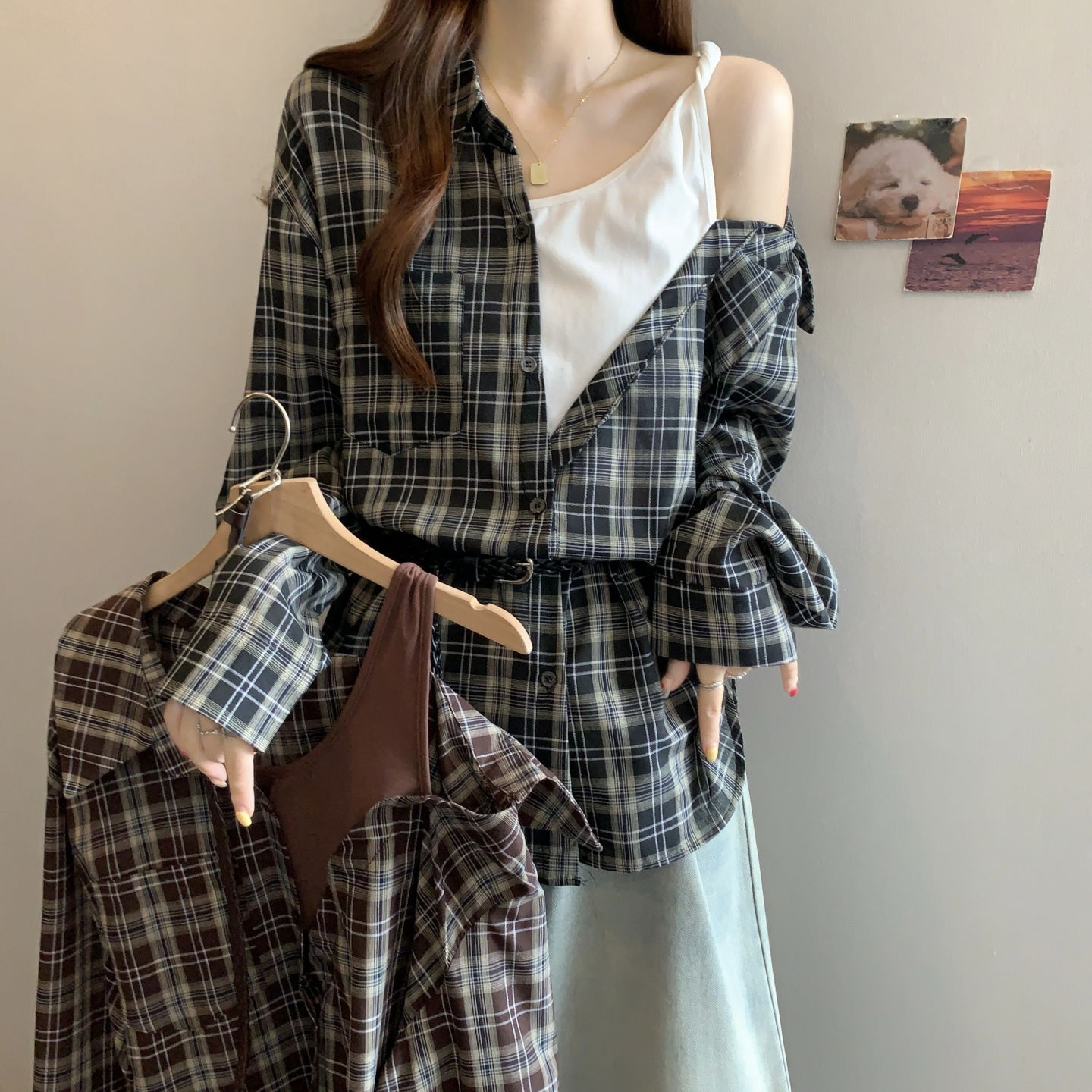 FA36976# 大码微胖妹妹法式复古格子长袖衬衫女宽松显瘦百搭休闲上衣 服裝批發女裝批發服飾貨源