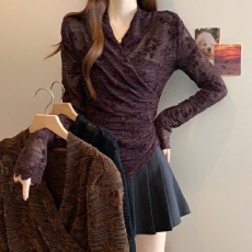 批发大码微胖妹妹法式洋气交叉V领长袖T恤~修身显瘦打底衫上衣