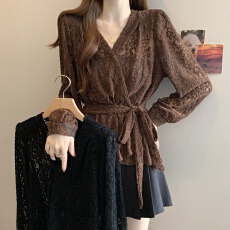 批发2025秋季新款提花缎面蕾丝中长款气质收腰系带百搭上衣