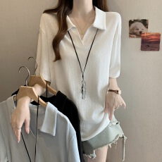 批发欧货洋气Polo领正肩短袖t恤女2026夏大码胖mm宽松遮肚中长款<b class='q'>上衣</b>