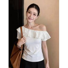 批发法式荷叶边露肩上衣女夏季新款设计感小众高级感短袖雪纺小衫T恤